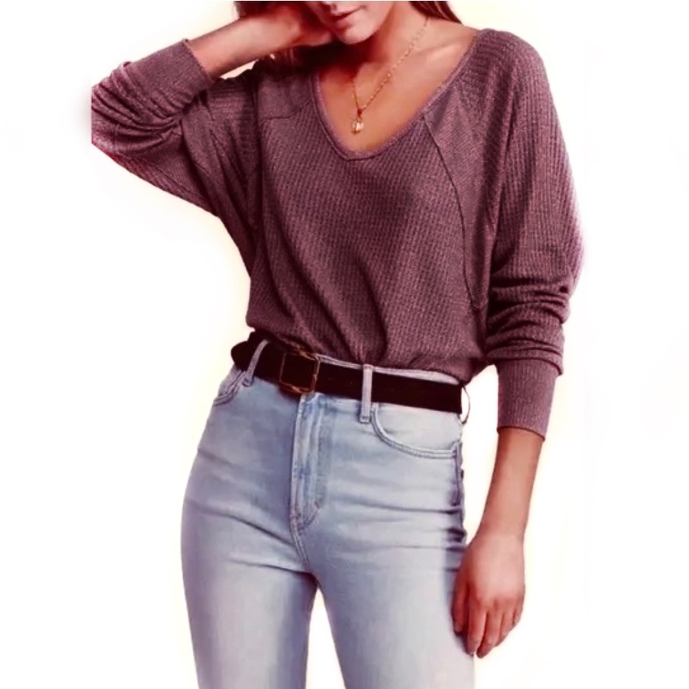 FREE PEOPLE SANTA CLARA THERMAL OVERSIZED TOP MULBERRY V-NECK  PULLOVER …